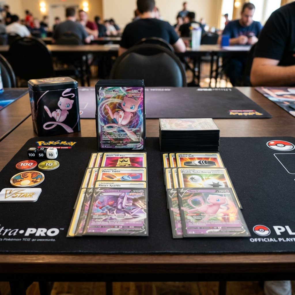 Decks impressos organizados em sleeves no playmat